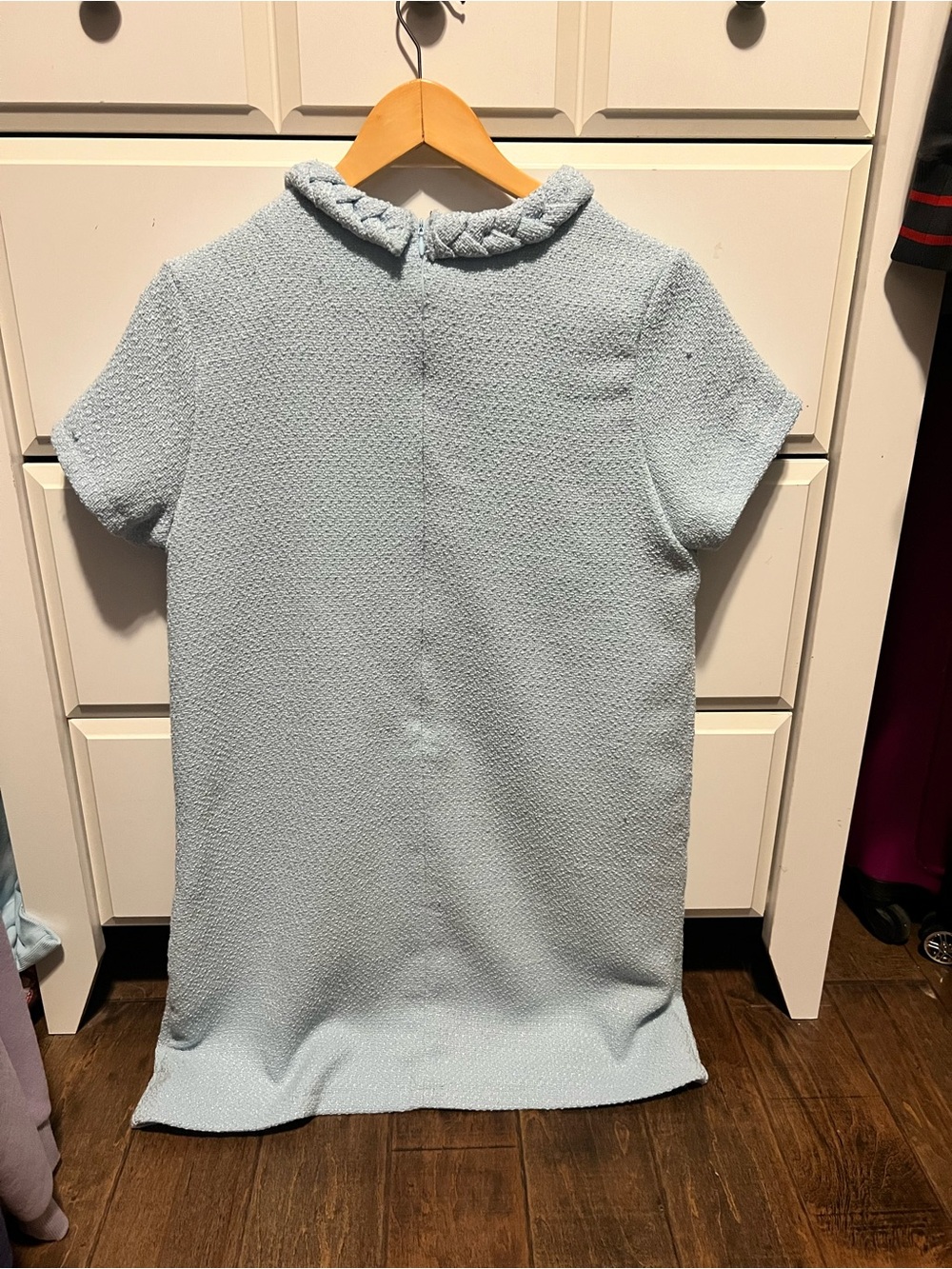 Light Blue Textured Short-Sleeve Dress with Braided Trim - Picture 2 of 2